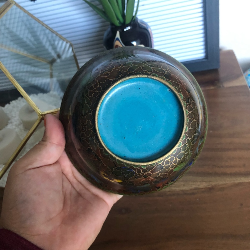 SOLD Vintage Cloisonné Floral Bowl With Brass Edges - Picture 6 of 8